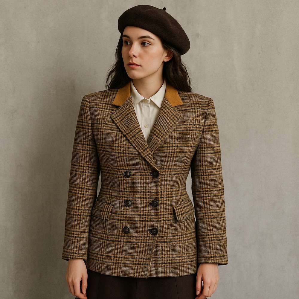 Vintage 80s 90s The Limited Plaid Wool Blend Blazer M Suede Collar‎ Equestrian